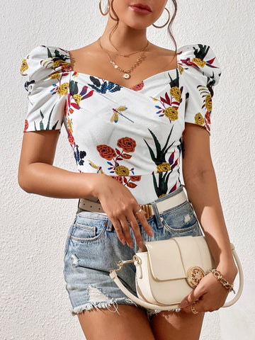 Unity Floral Print Sweetheart Neck Puff Sleeve Tee