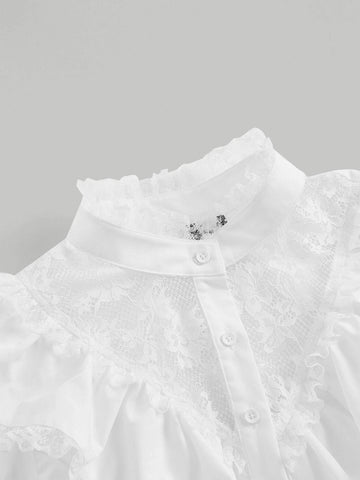 MOD Contrast Lace Ruffle Trim Puff Sleeve Ruffle Trim Crop Shirt
