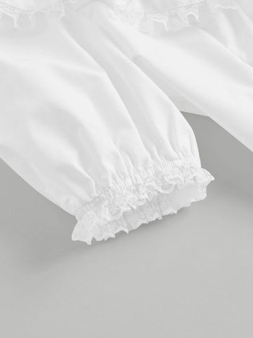 MOD Contrast Lace Ruffle Trim Puff Sleeve Ruffle Trim Crop Shirt