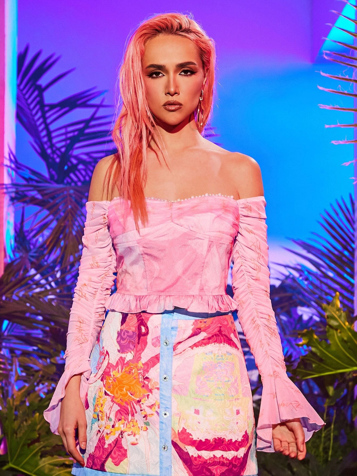 Graphic Print Off Shoulder Flounce Sleeve Ruched Ruffle Hem Mesh Top