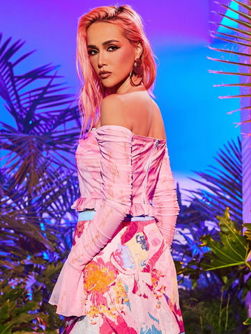 Graphic Print Off Shoulder Flounce Sleeve Ruched Ruffle Hem Mesh Top