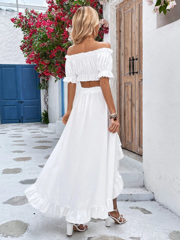 VCAY Off Shoulder Frill Trim Crop Top & High Low Hem Skirt