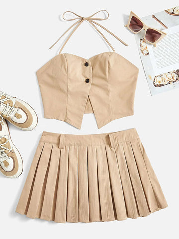 EZwear Button Front Halter Top & Pleated Skirt