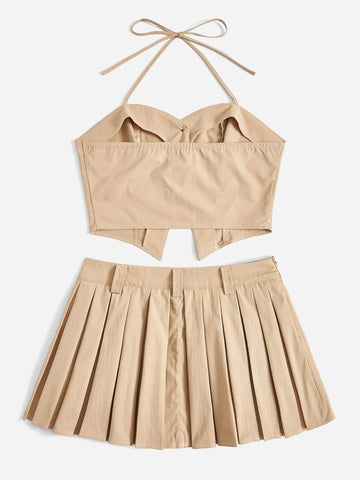 EZwear Button Front Halter Top & Pleated Skirt