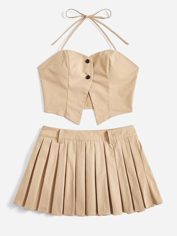 EZwear Button Front Halter Top & Pleated Skirt