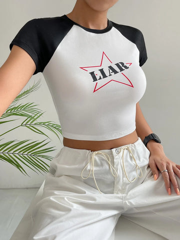 EZwear Letter Graphic Contrast Raglan Sleeve Crop Tee