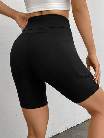 EZwear Solid Wideband Waist Biker Shorts With Phone Pocket