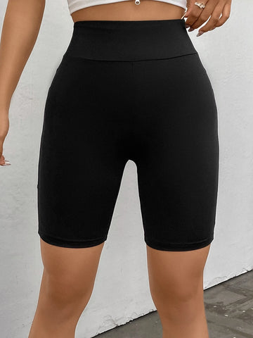 EZwear Solid Wideband Waist Biker Shorts With Phone Pocket