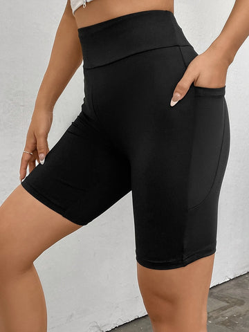 EZwear Solid Wideband Waist Biker Shorts With Phone Pocket