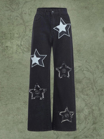 ROMWE Fairycore Star Print Straight Leg Jeans
