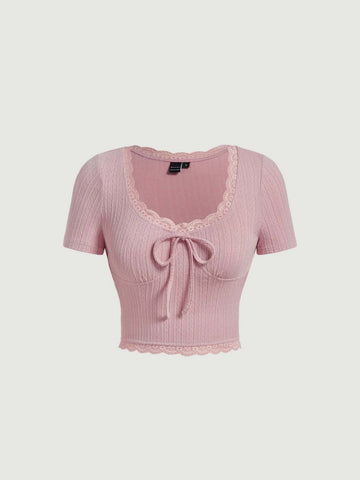 MOD Contrast Lace Knot Front Crop Tee