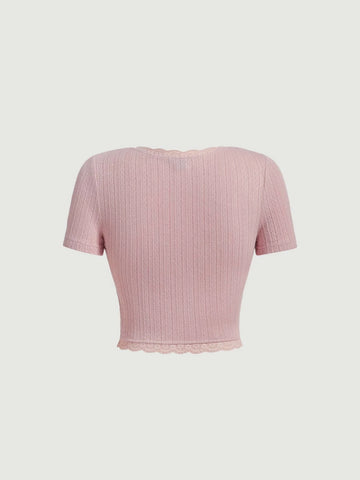 MOD Contrast Lace Knot Front Crop Tee