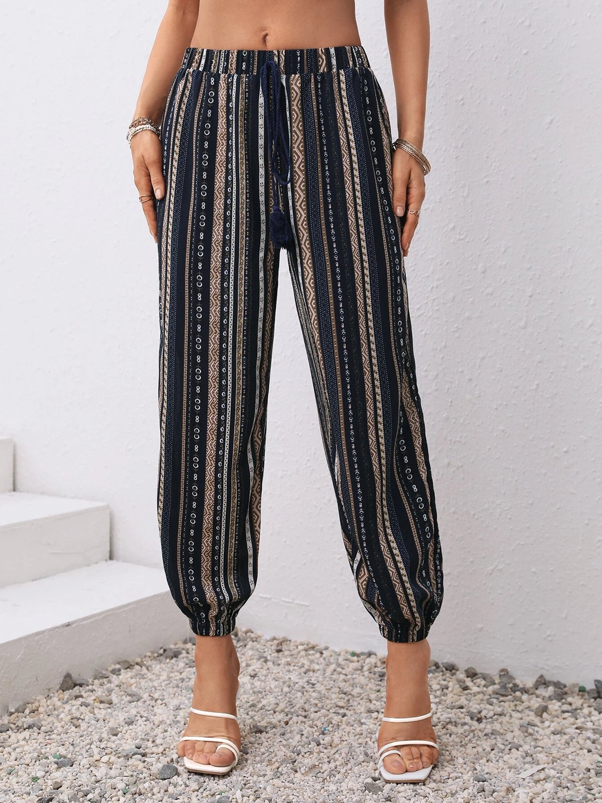 VCAY Geo Print Tie Front Carrot Pants