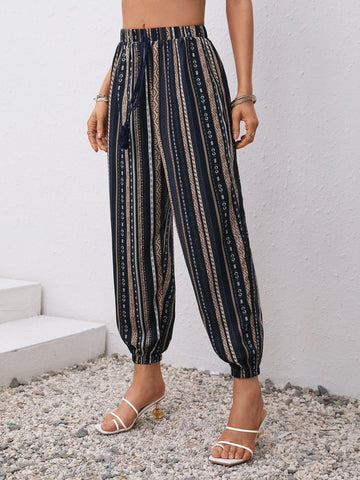 VCAY Geo Print Tie Front Carrot Pants