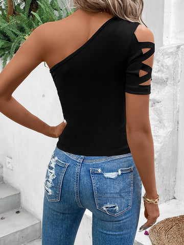 EMERY ROSE One Shoulder Criss Cross Tee