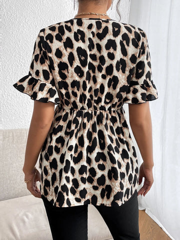 Unity Leopard Print Flounce Sleeve Peplum Blouse