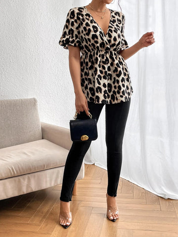 Unity Leopard Print Flounce Sleeve Peplum Blouse