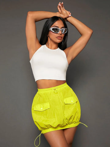 SXY Flap Detail Drawstring Hem Skirt