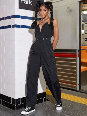 Deep V Neck Cut Out Flap Pocket Side Cami Jumpsuit
