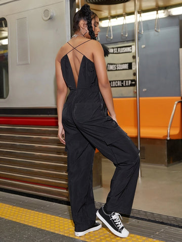 Deep V Neck Cut Out Flap Pocket Side Cami Jumpsuit