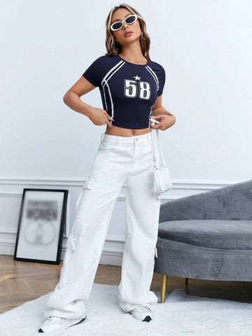 EZwear Striped & Number Print Crop Tee