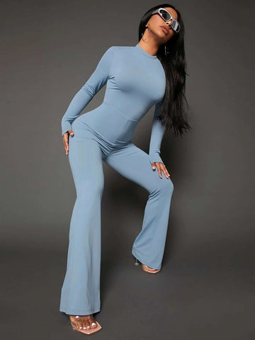 Solid Twist Backless Flare Leg Jumpsuit