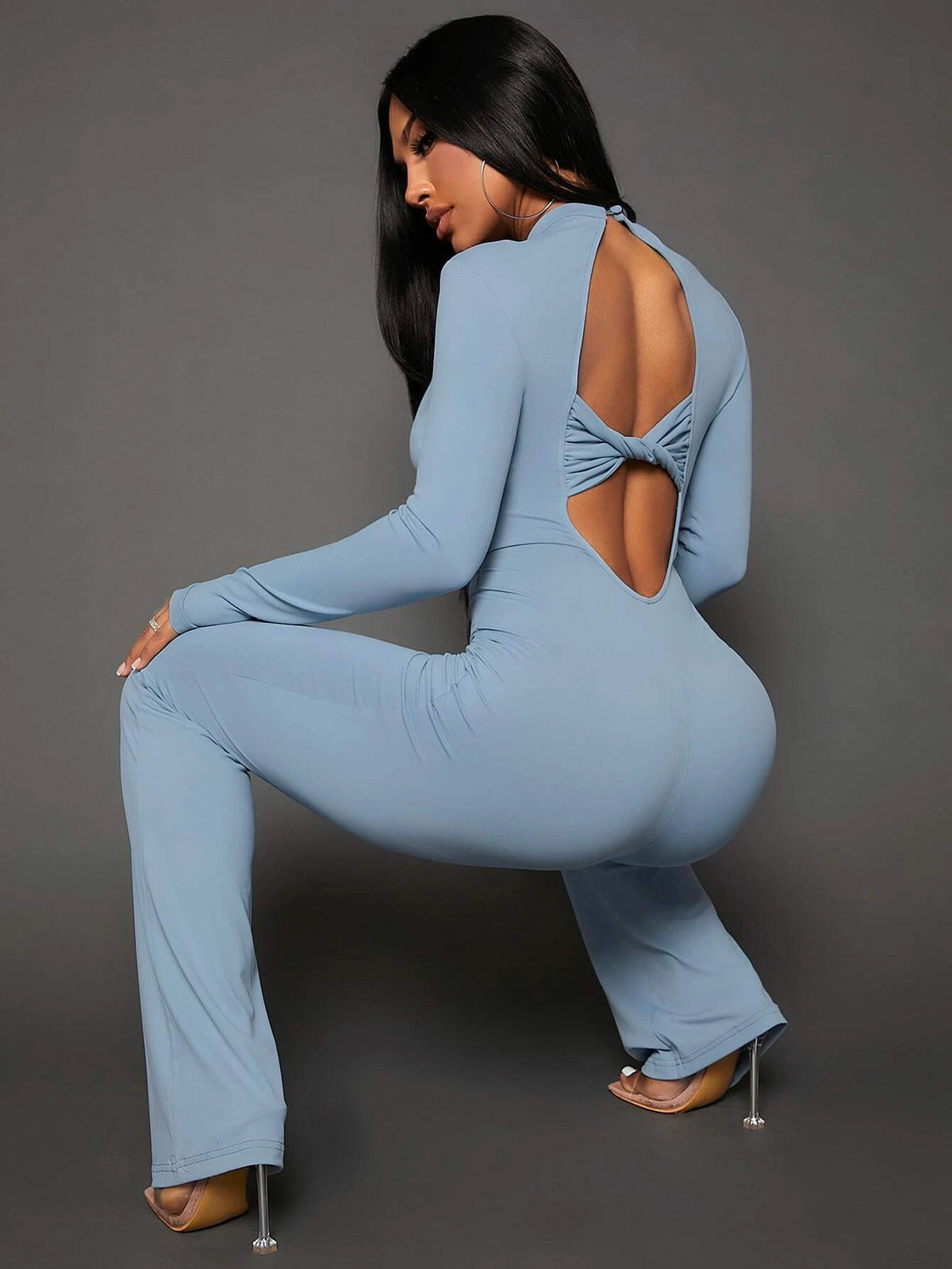 Solid Twist Backless Flare Leg Jumpsuit