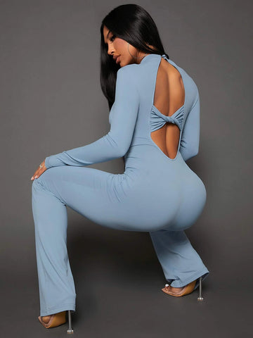 Solid Twist Backless Flare Leg Jumpsuit