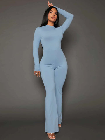 Solid Twist Backless Flare Leg Jumpsuit