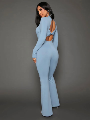 Solid Twist Backless Flare Leg Jumpsuit