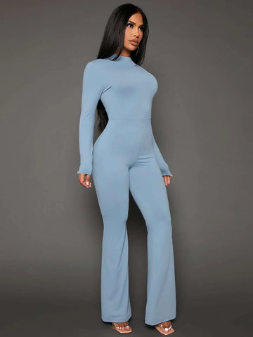 Solid Twist Backless Flare Leg Jumpsuit