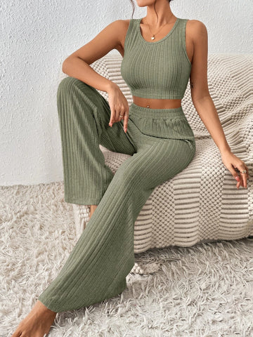 Solid Crop Tank Top & Wide Leg Pants