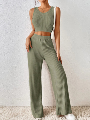Solid Crop Tank Top & Wide Leg Pants