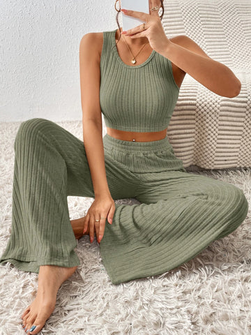 Solid Crop Tank Top & Wide Leg Pants