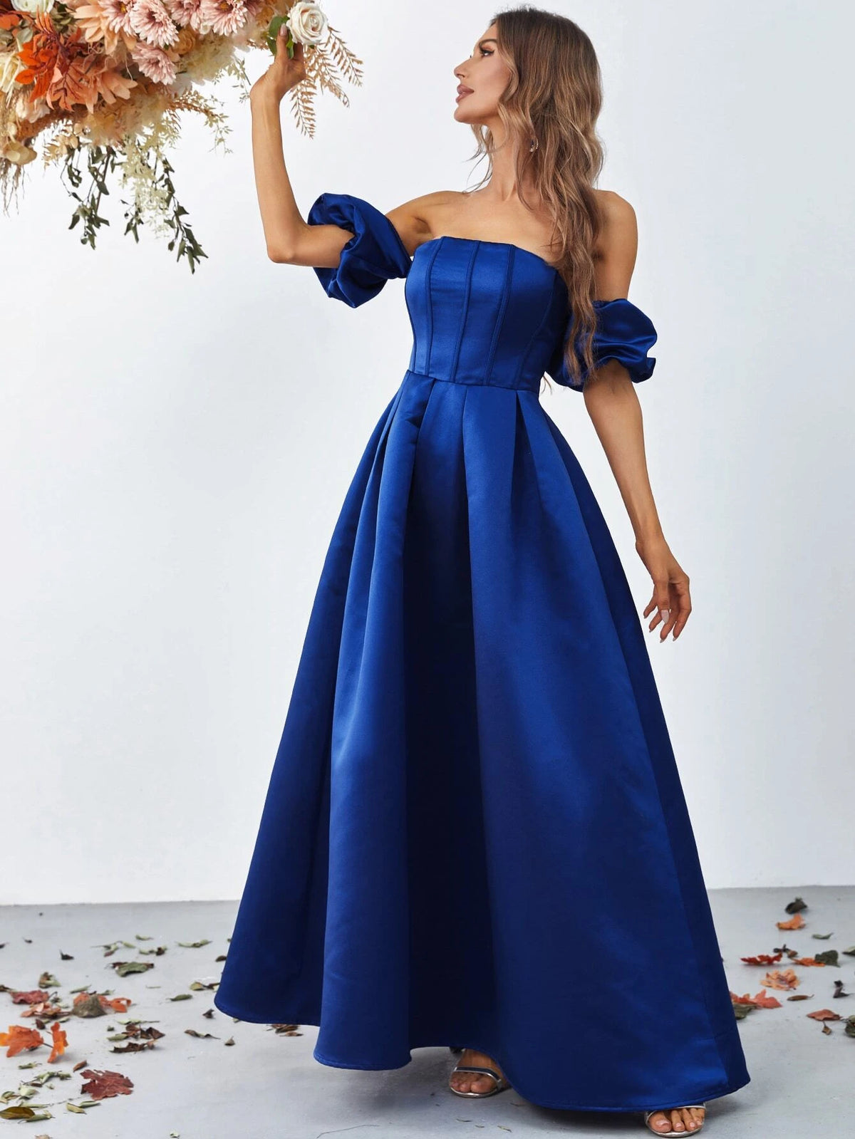 Off Shoulder Puff Sleeve Satin Dress