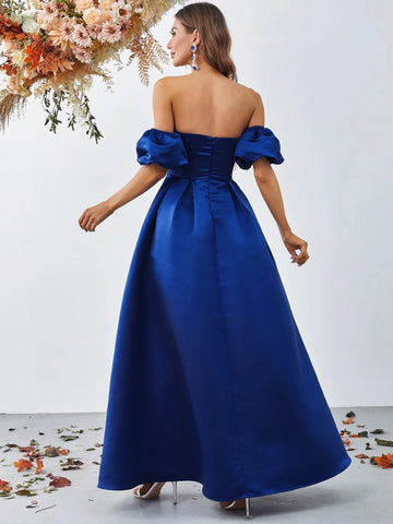 Off Shoulder Puff Sleeve Satin Dress