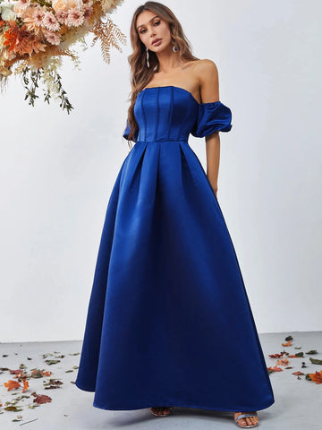 Off Shoulder Puff Sleeve Satin Dress