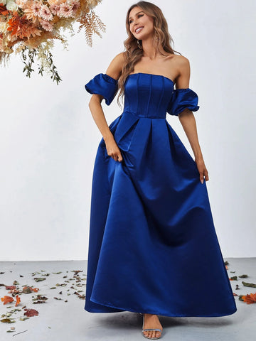 Off Shoulder Puff Sleeve Satin Dress