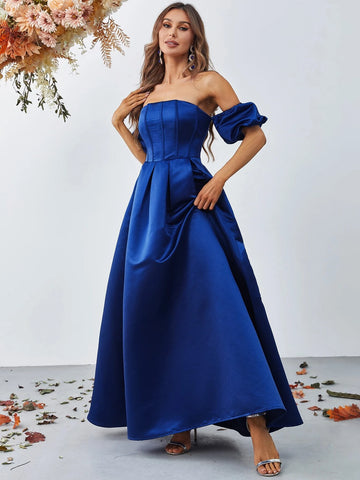 Off Shoulder Puff Sleeve Satin Dress