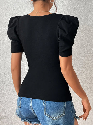 Unity Pearls Beaded Sweetheart Neck Puff Sleeve Tee