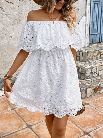 EMERY ROSE Off Shoulder Scallop Trim Schiffy Dress