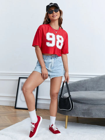 EZwear Number Print Drop Shoulder Crop Tee