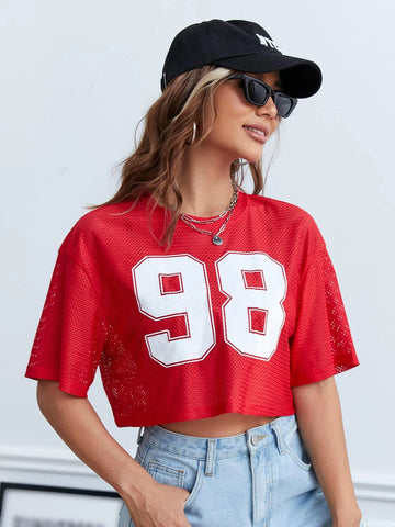 EZwear Number Print Drop Shoulder Crop Tee