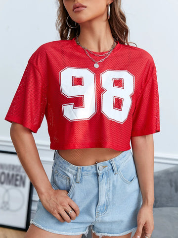 EZwear Number Print Drop Shoulder Crop Tee