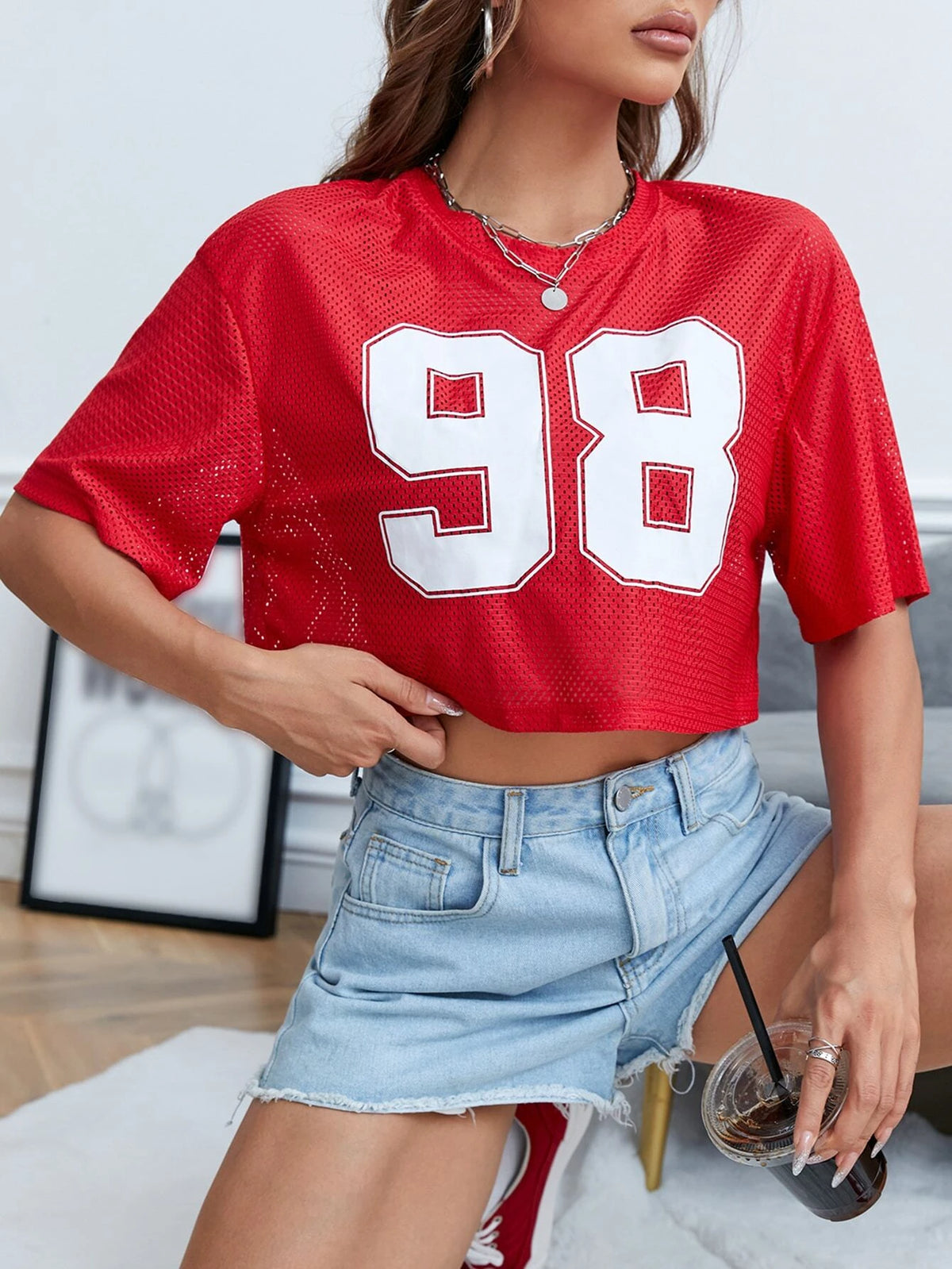 EZwear Number Print Drop Shoulder Crop Tee