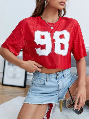 EZwear Number Print Drop Shoulder Crop Tee