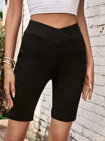 EMERY ROSE Solid Phone Pocket Side Biker Shorts