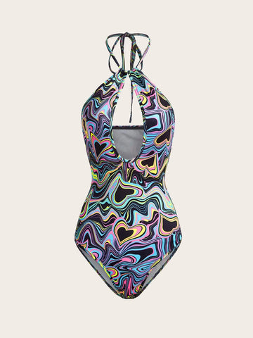 Heart Print Cut Out Halter Neck Backless Bodysuit