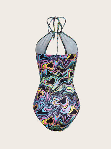 Heart Print Cut Out Halter Neck Backless Bodysuit