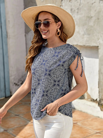 EMERY ROSE Allover Print Drawstring Batwing Sleeve Blouse